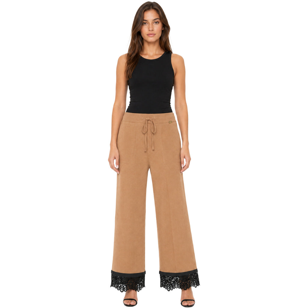 Twinset Lace-Trim Knit Trousers in Camel