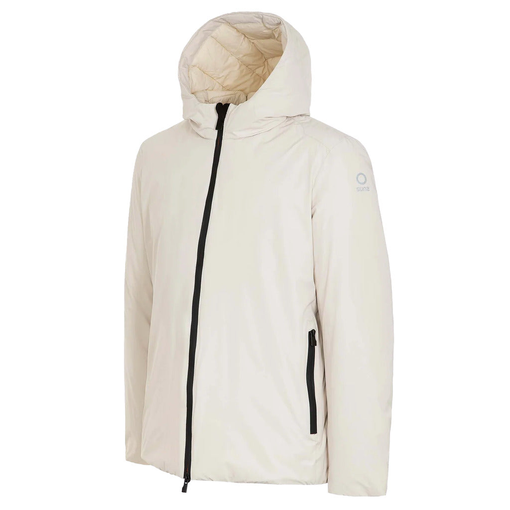 Suns – Flaminio Plus white padded jacket – angled front view with hood and black side zip