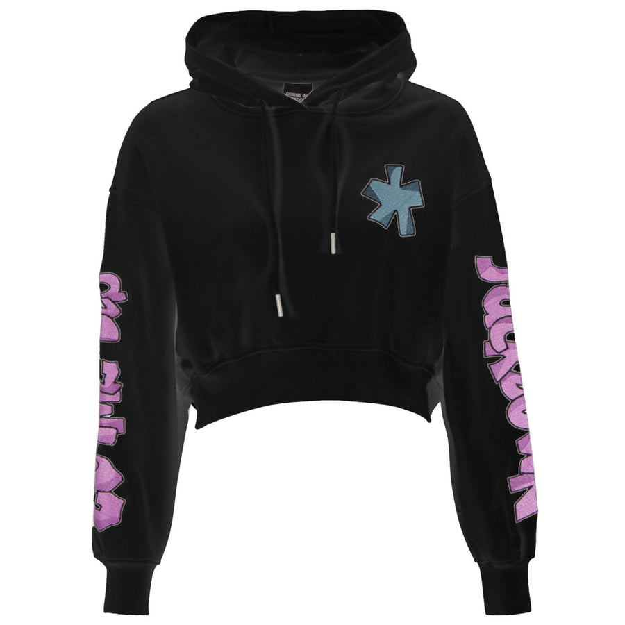 Comme Des Fuckdown – Hooded Sweatshirt – Black cropped front view with graphic sleeves and chest emblem
