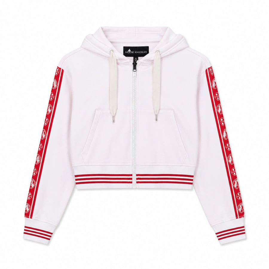 Moose Knuckles – white cropped zip-up hoodie – front flat view with red sleeve stripes