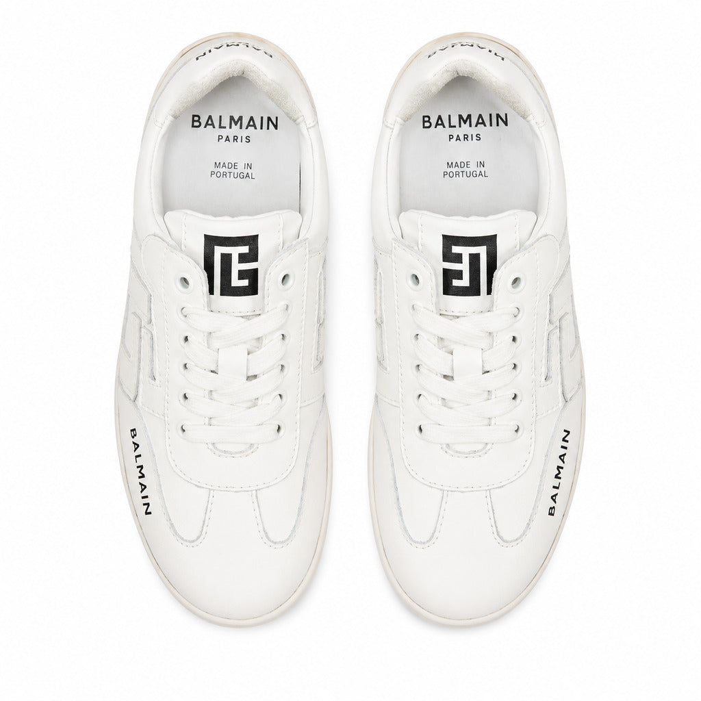Balmain – white leather sneakers – top view showing laces, insoles and tongue logos