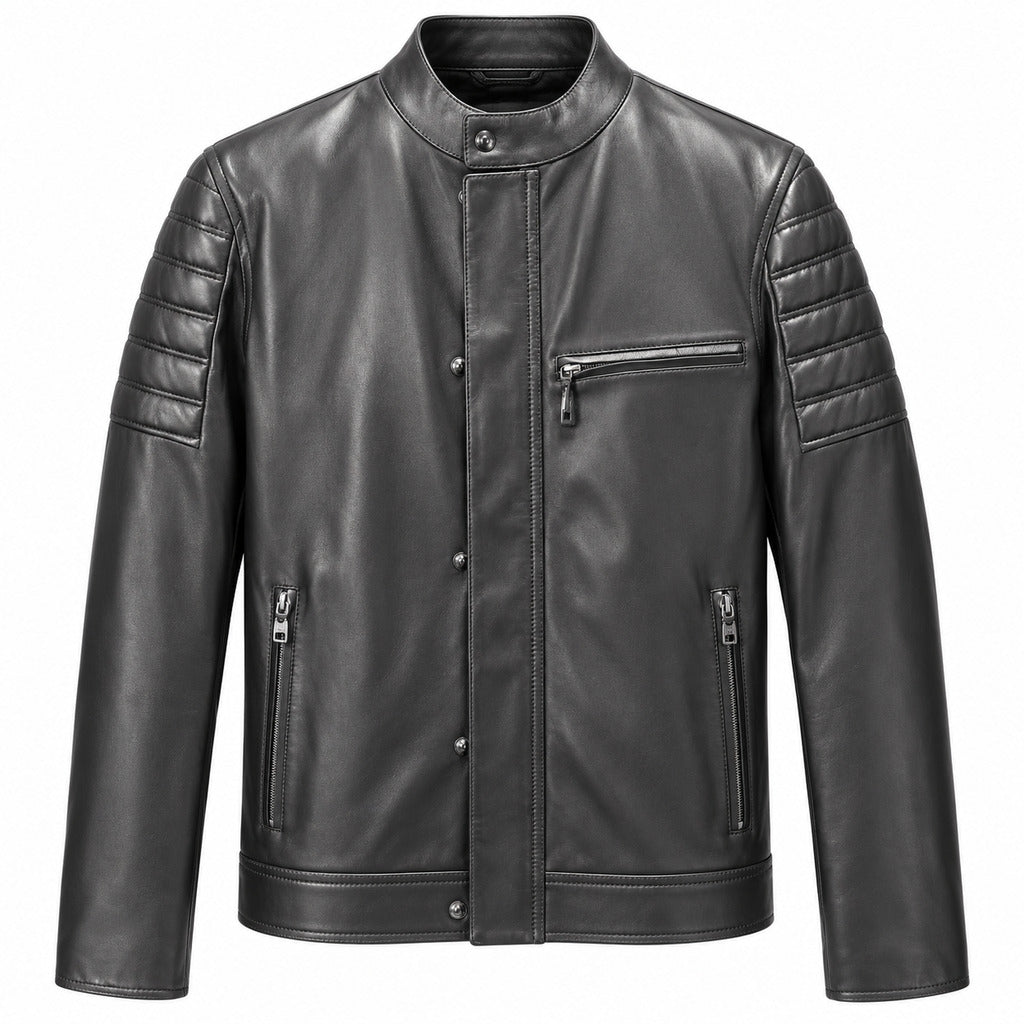 Dolce & Gabbana – black leather jacket – front view with zip pockets and quilted sleeves