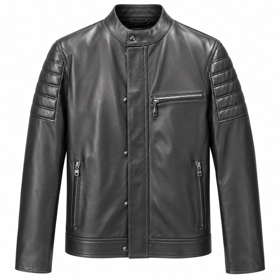 Dolce & Gabbana – black leather jacket – front view with zip pockets and quilted sleeves