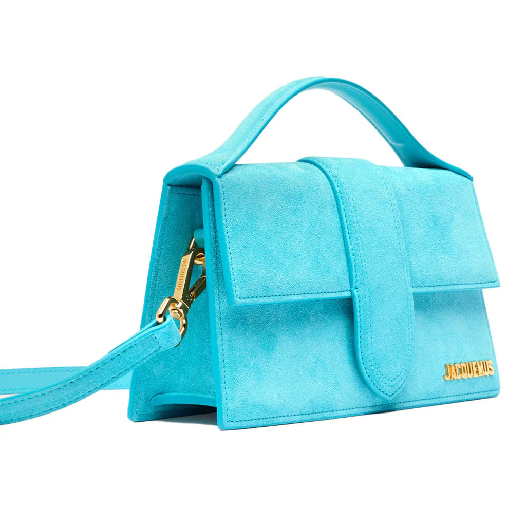 Jacquemus – Le Grand Bambino suede bag – light blue angled front with gold hardware