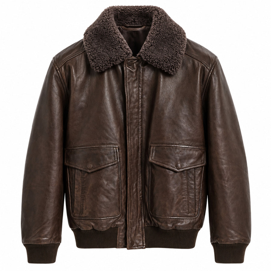 Emilio Romanelli – Leather Jacket with Fur Collar in Brown – Front flat packshot with flap pockets