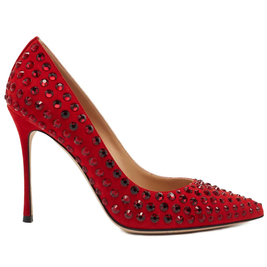 Sergio Rossi – red suede studded pointed pumps – side profile of one pump