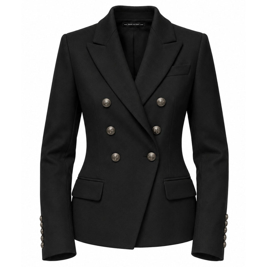 Loro Piana Tessuto – black double-breasted jacket – front view with silver buttons