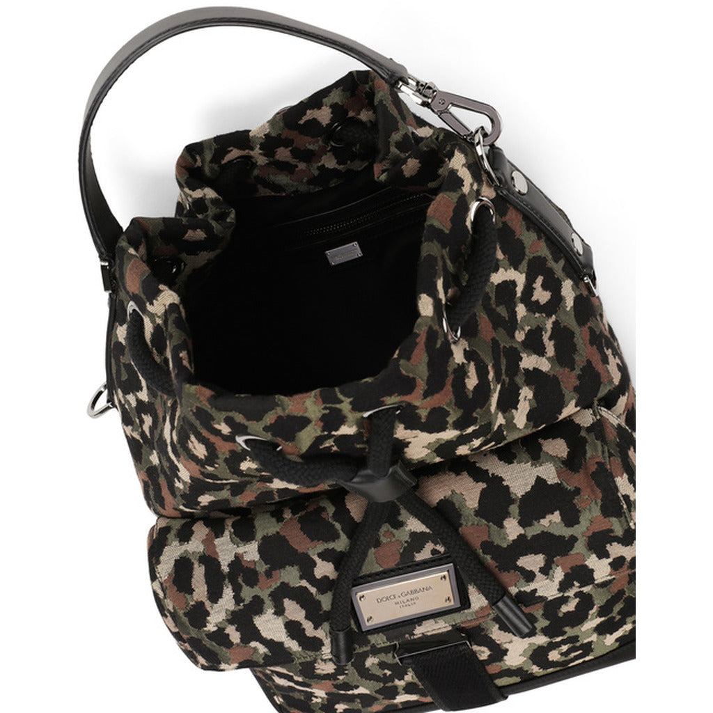 Dolce & Gabbana – camouflage jacquard backpack – open top reveals dark interior and zip pocket