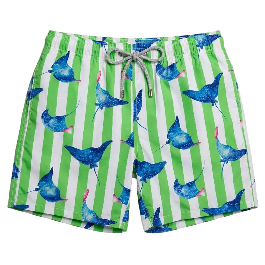 Mc2 Saint Barth – Devil Fish green striped swim shorts – front view with drawstring