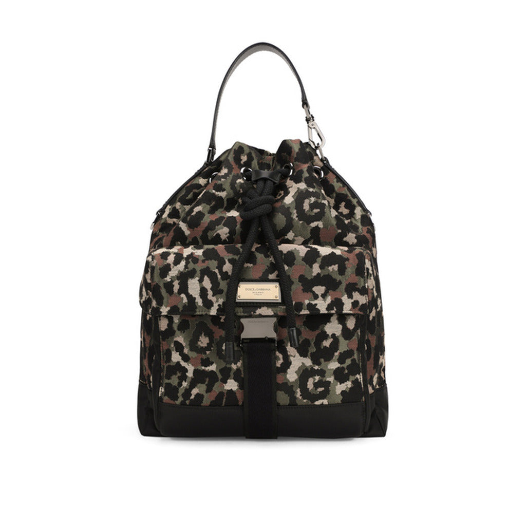 Dolce & Gabbana – camouflage jacquard backpack – front view with drawstring closure and front pockets