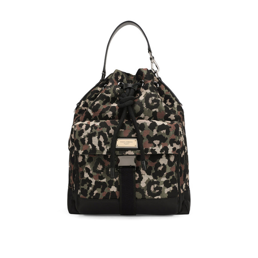 Dolce & Gabbana – camouflage jacquard backpack – front view with drawstring closure and front pockets