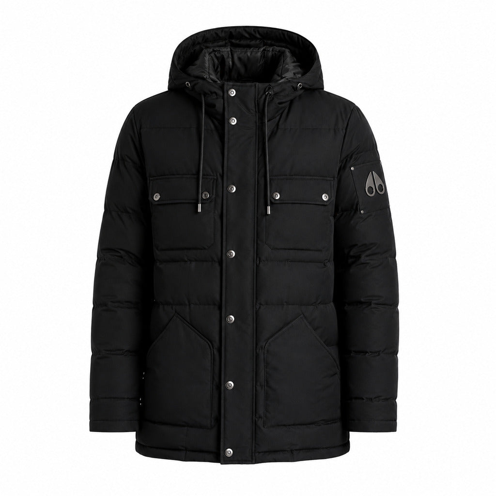 Moose Knuckles – black quilted jacket with hood – front packshot with flap pockets