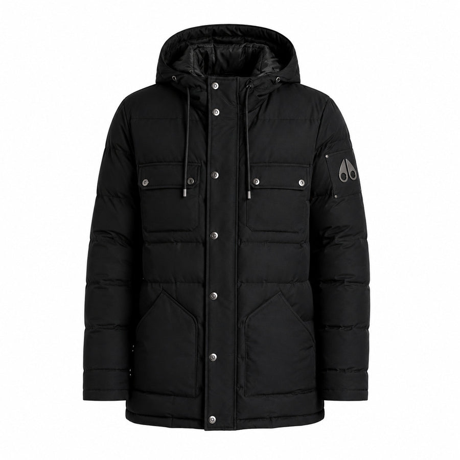 Moose Knuckles – black quilted jacket with hood – front packshot with flap pockets