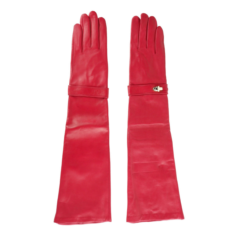 Cavalli Class – CLT.008 red gloves – Long red pair, front and back views, one with metal clasp