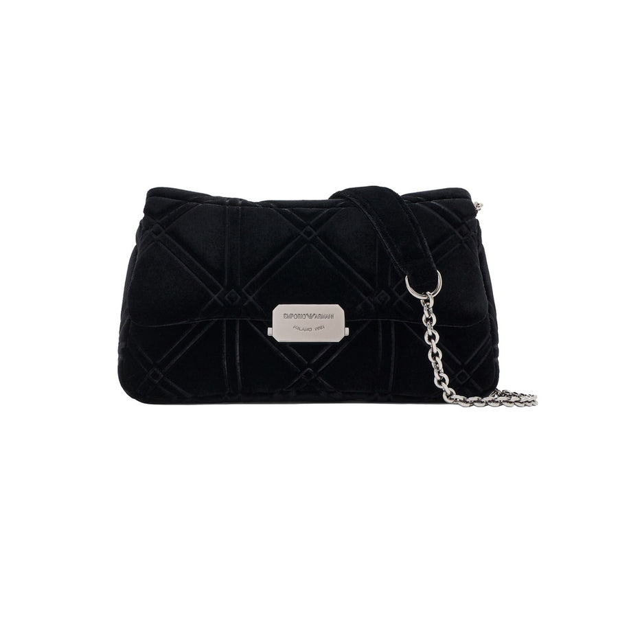 Emporio Armani – black velvet mini shoulder bag – front view with quilted pattern and silver chain strap