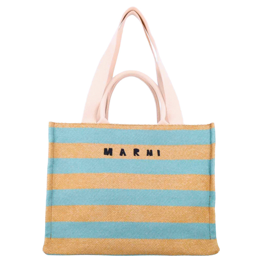 Marni – multicolour striped raffia tote bag – front view with black lettering