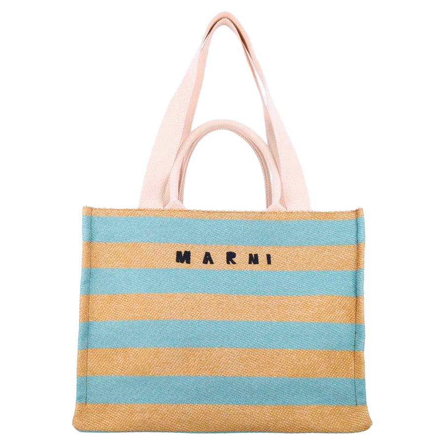 Marni – multicolour striped raffia tote bag – front view with black lettering