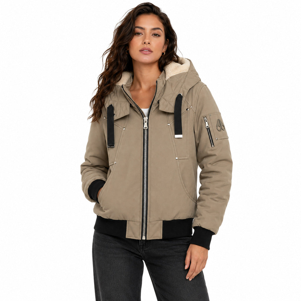 Moose Knuckles – taupe padded hooded jacket – model wearing it, front view