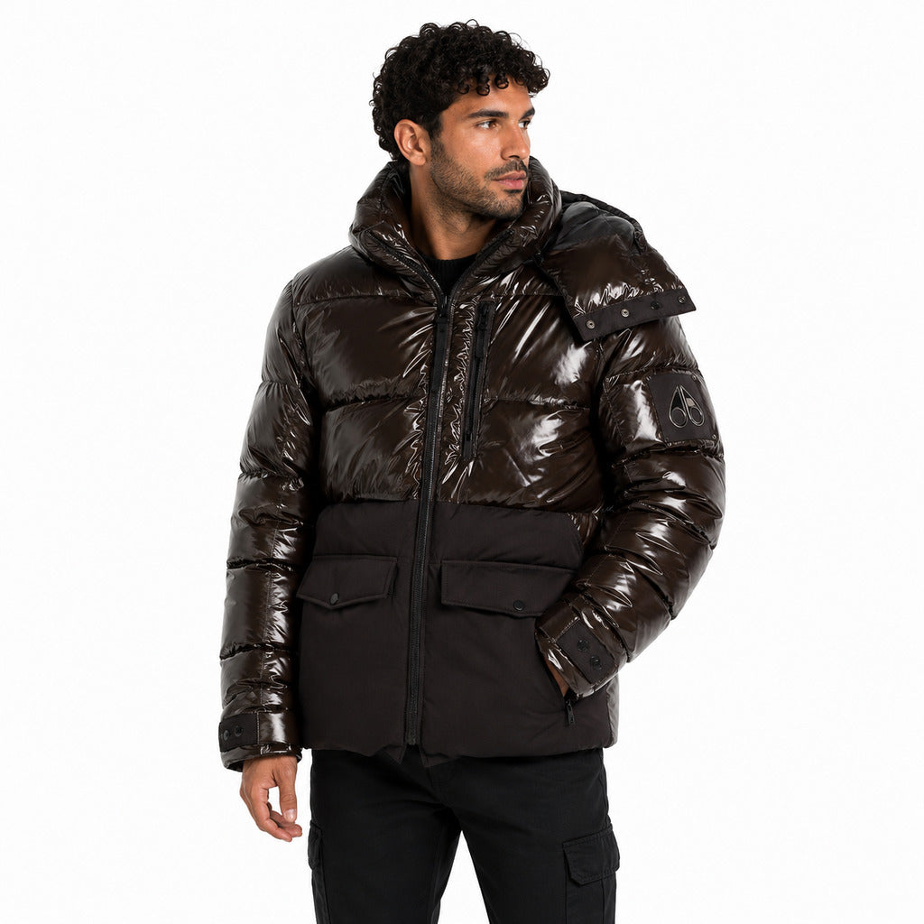 Moose Knuckles – glossy brown padded hooded jacket – worn three-quarter view with hood and sleeve patch