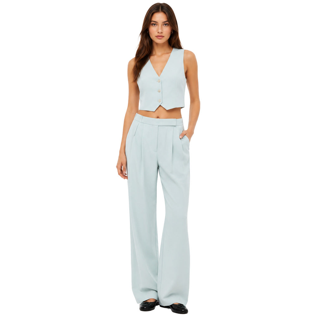 Pinko – light blue wide-leg trousers – front view worn with matching vest