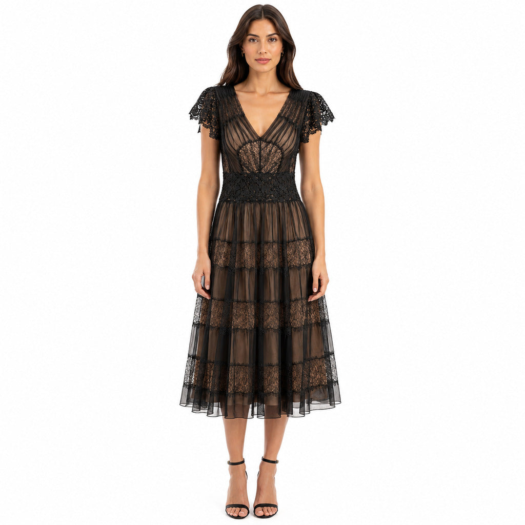 Dolce & Gabbana – black lace midi dress – model wearing the dress, full-length front view