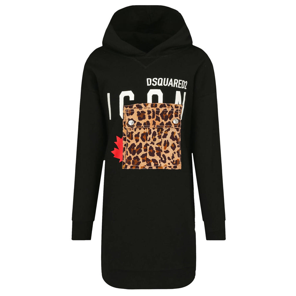 Dsquared2 – black cotton hooded sweatshirt dress – front view with leopard-print pocket