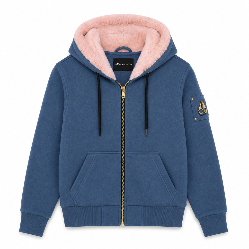 Moose Knuckles – blue fleece-lined hoodie – front packshot with pink lining and gold zipper