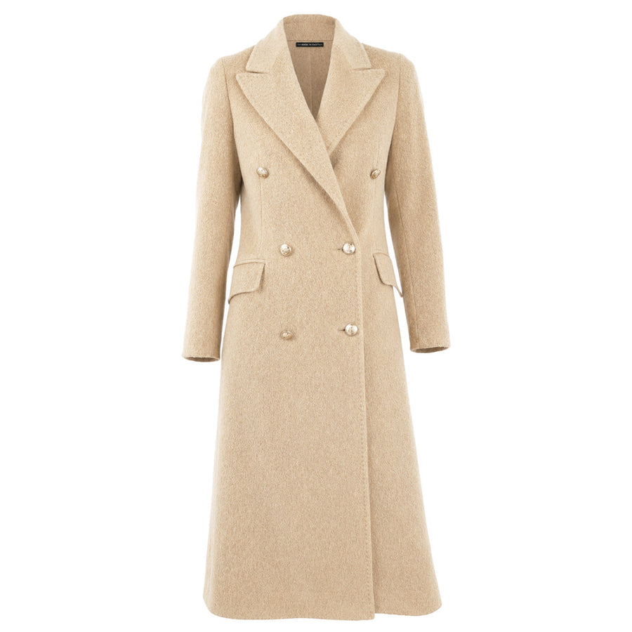 Loro Piana Tessuto – Fabric Capolavoro Double-Breasted Wool Coat – beige front packshot with gold-tone buttons