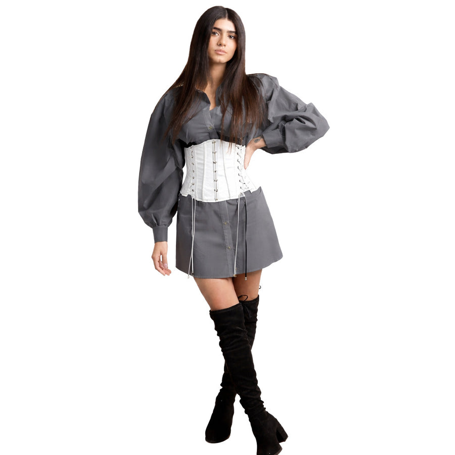 Elisabetta Franchi – white drawstring top – front view worn with grey blouse and shorts