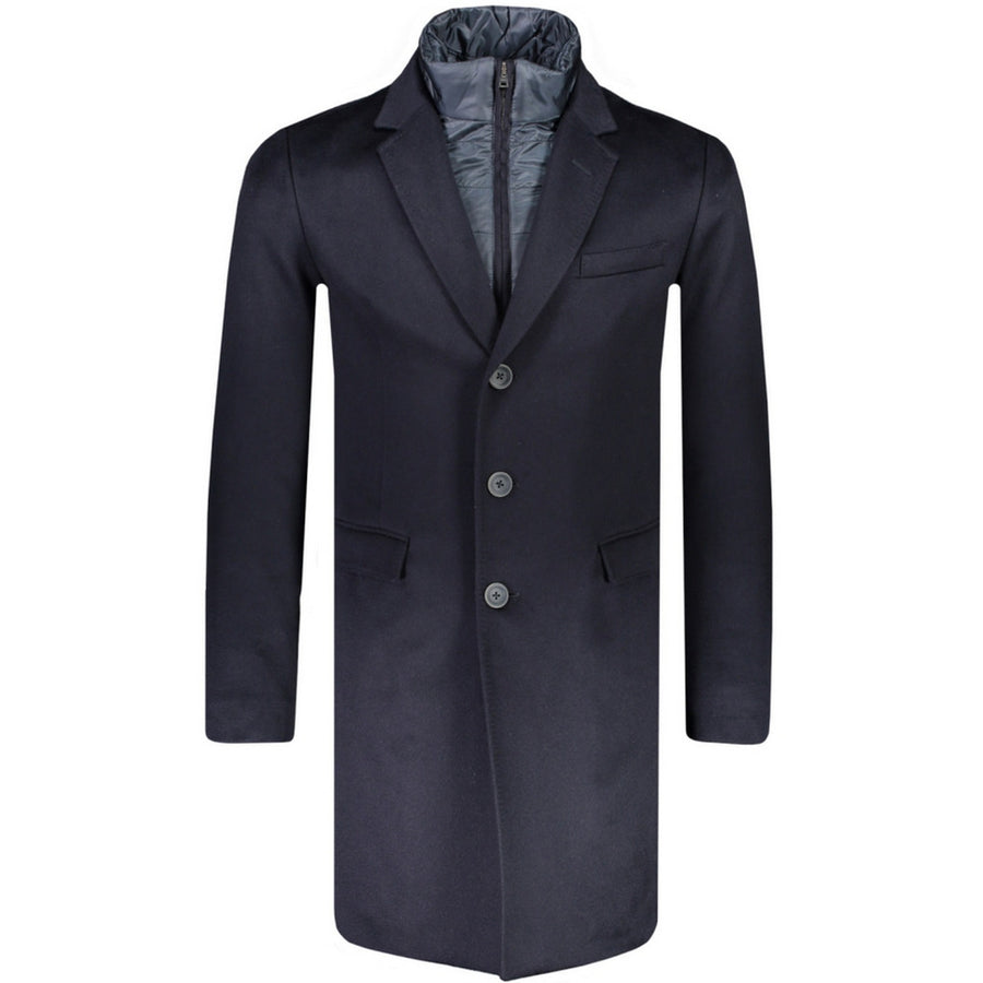 Herno – blue cashmere coat – front view with button closure and raised inner collar