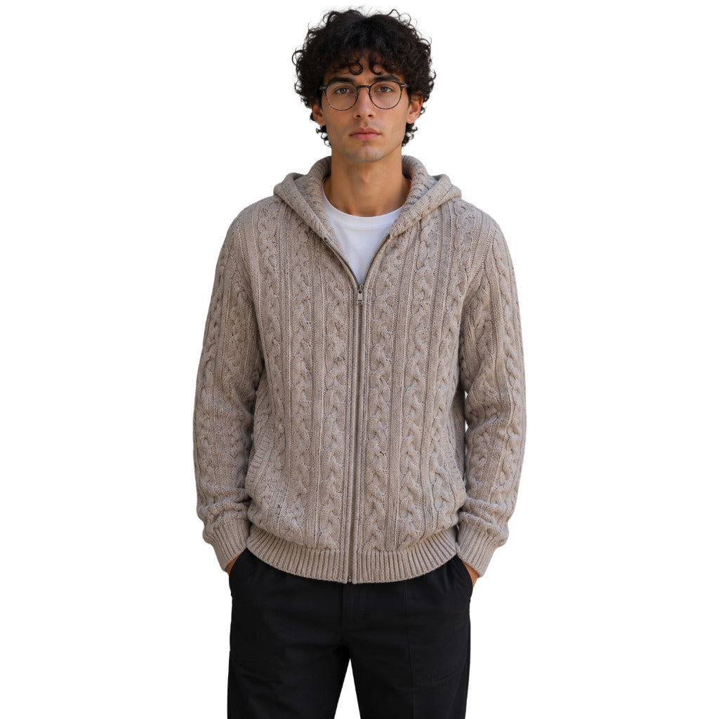 Dolce & Gabbana – beige wool knit hooded jacket – front view with cable-knit texture