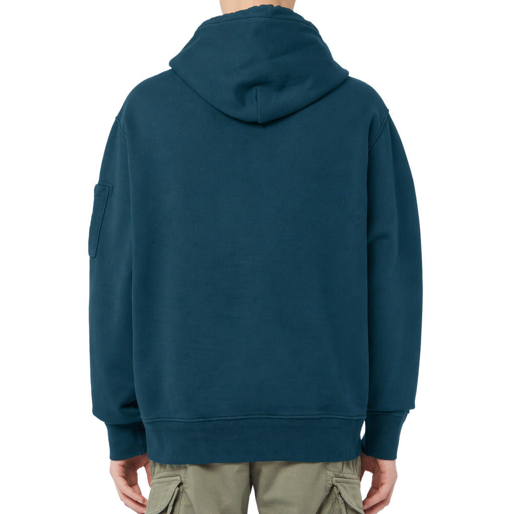 C.P. Company – blue Diagonal Goggles sweatshirt – back view showing hood and clean rear