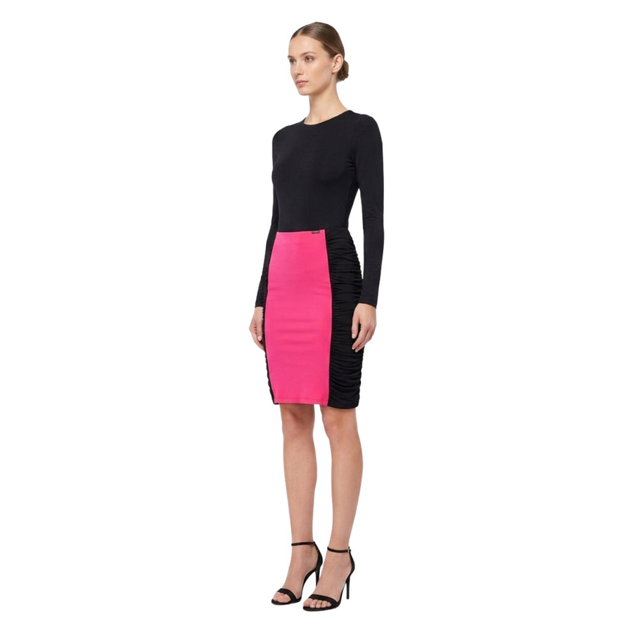 Pinko – fuchsia and black fitted skirt – front view worn with black top
