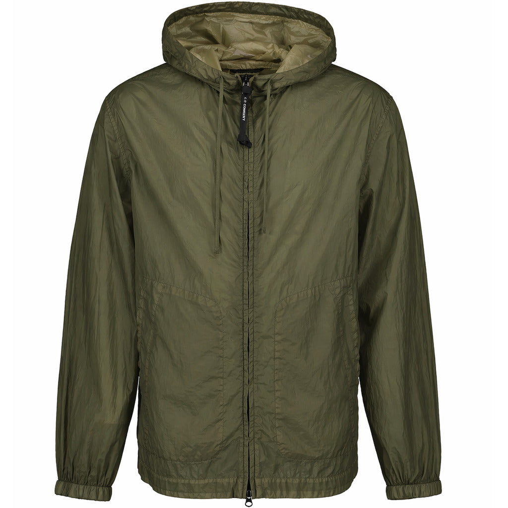 C.P. Company – olive hooded jacket with crinkled texture – front view with full-length zip closure