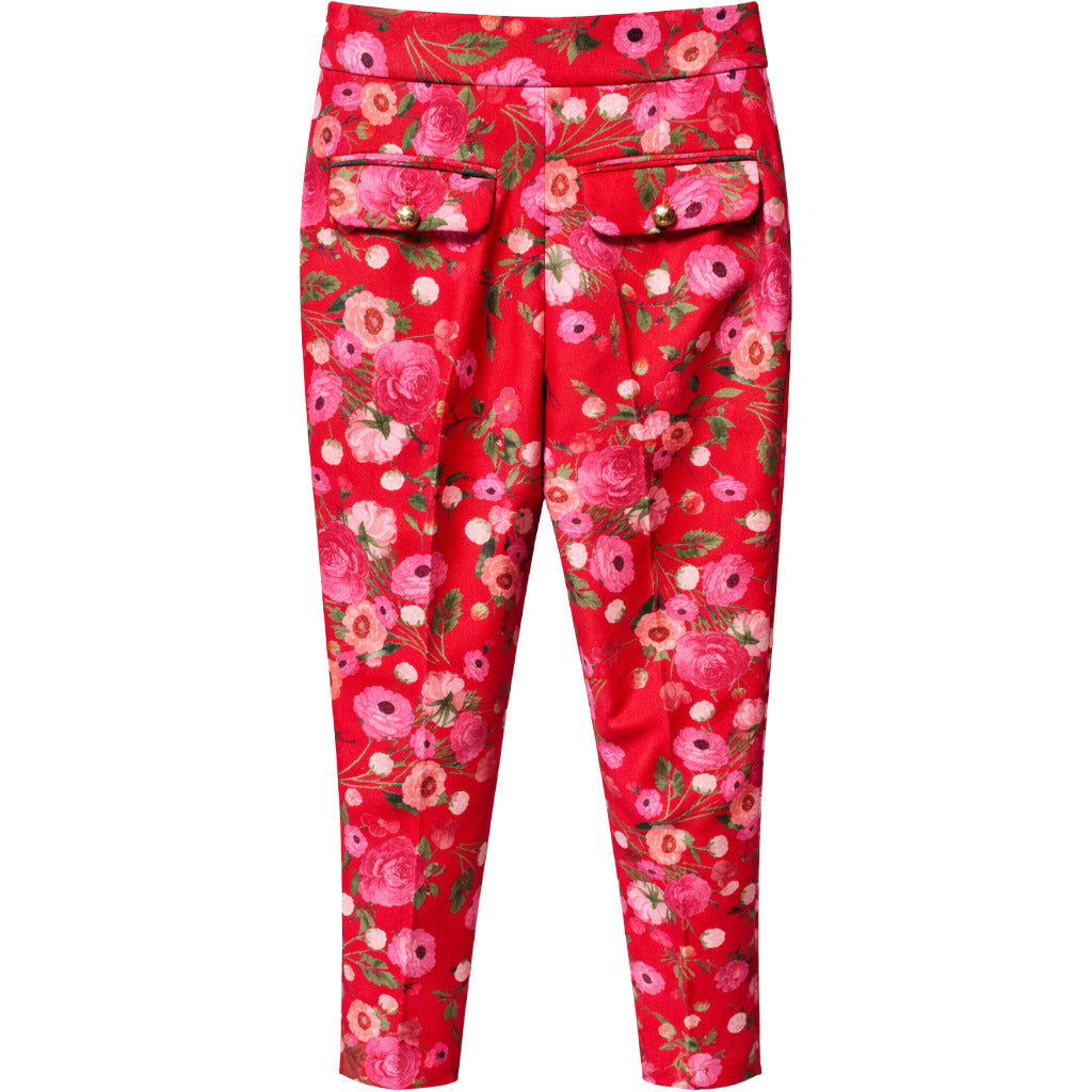 Elisabetta Franchi – red floral-print trousers – front view with flap pockets and gold buttons