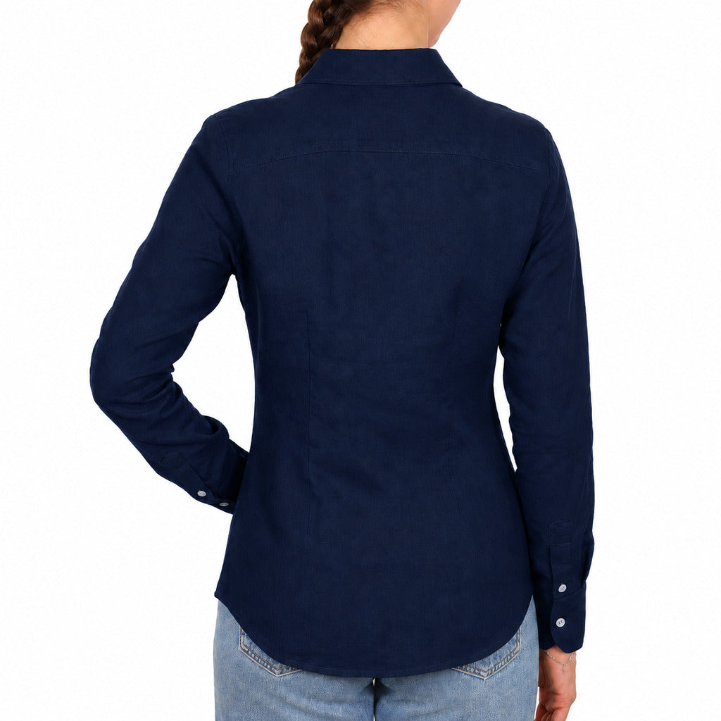 Bagutta – midnight blue linen shirt – back view showing curved hem and long sleeves