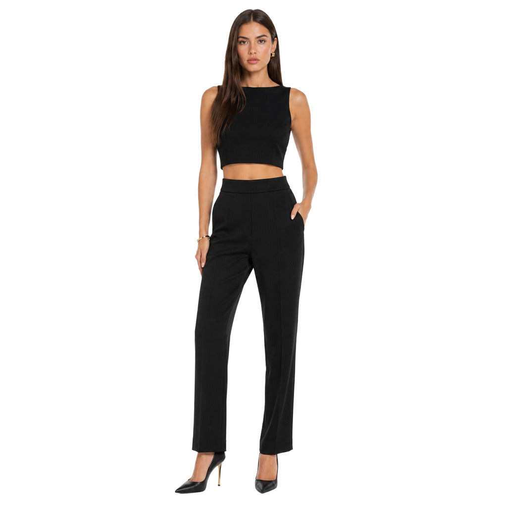 Patrizia Pepe – black straight-leg trousers with side zips – front view worn with matching crop top
