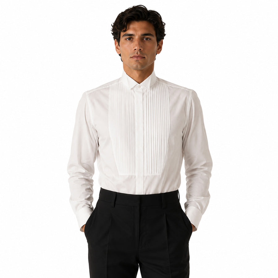 Dolce & Gabbana – white tuxedo shirt – front view showing pleated bib and buttoned collar