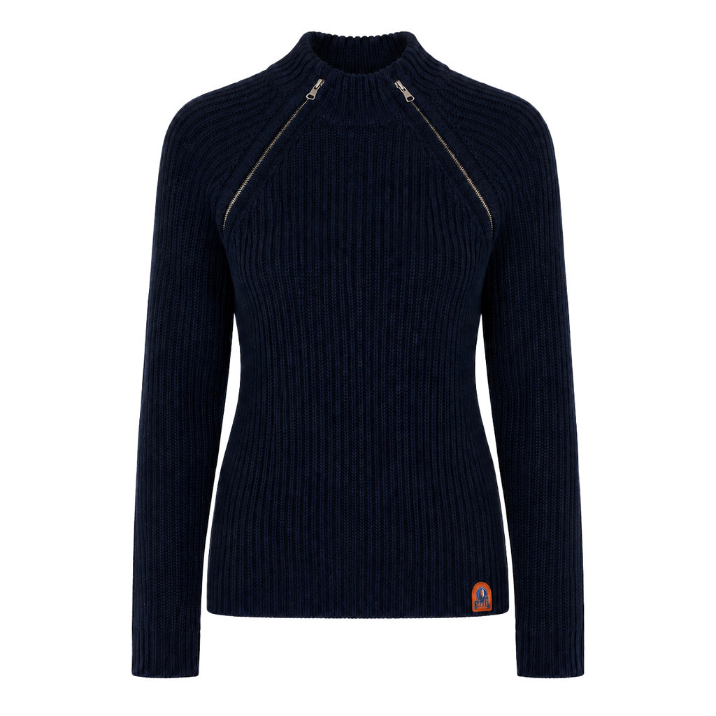 Parajumpers – navy wool rib-knit sweater – flat front view with twin diagonal zips