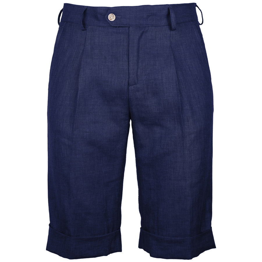 Loro Piana Tessuto – Summertime Linen-Wool Shorts – Front view of navy shorts with turned-up hems