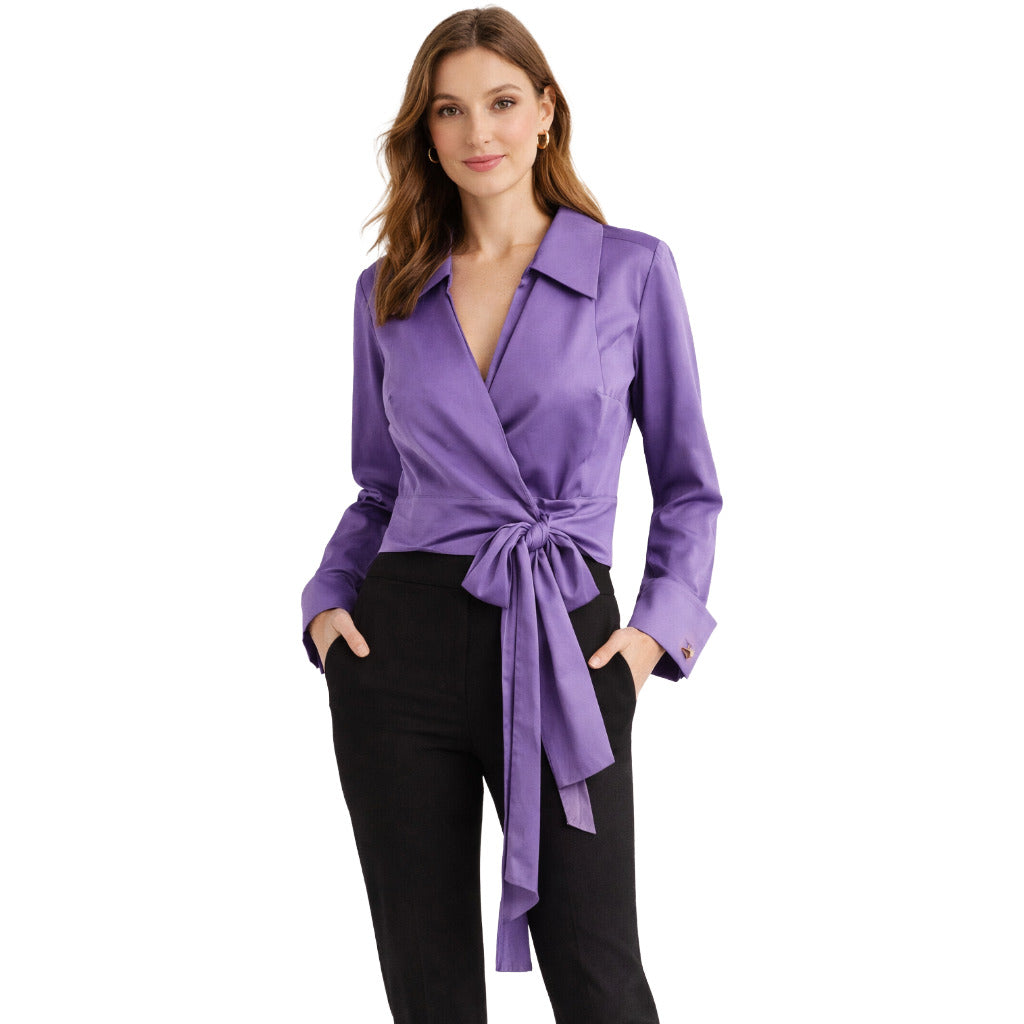 Elisabetta Franchi – purple cropped wrap shirt with tie belt – model wearing it from the front