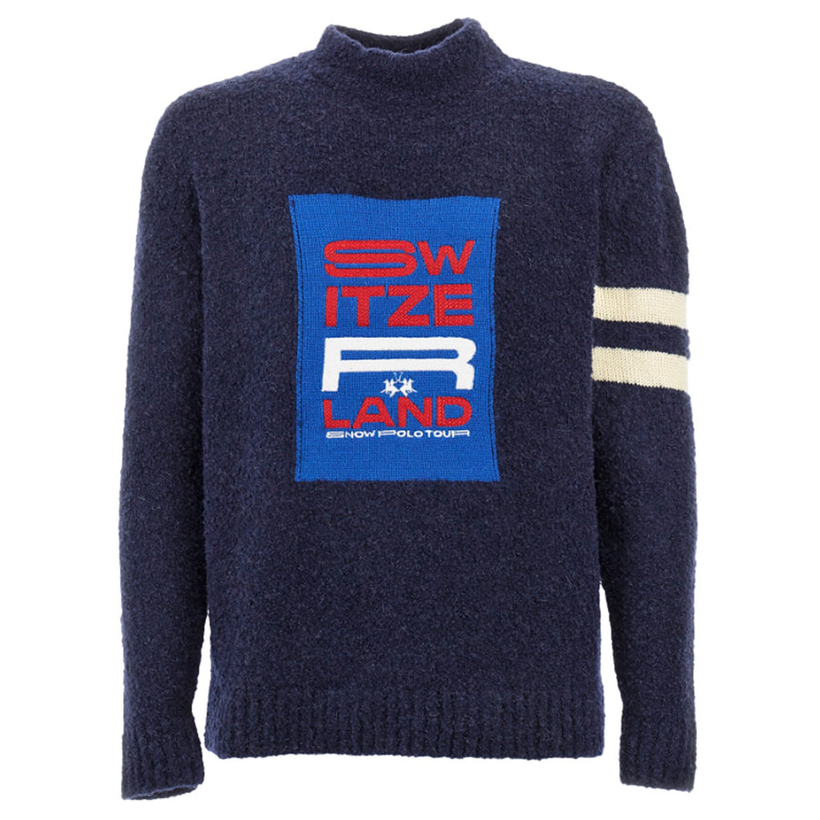 La Martina – Turtleneck Sweater in White – navy front packshot with textured knit and chest graphic