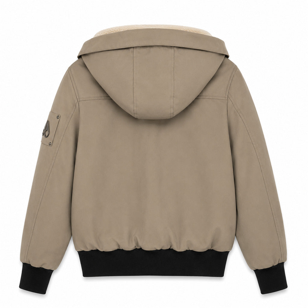 Moose Knuckles – taupe padded hooded jacket – flat back view with hood