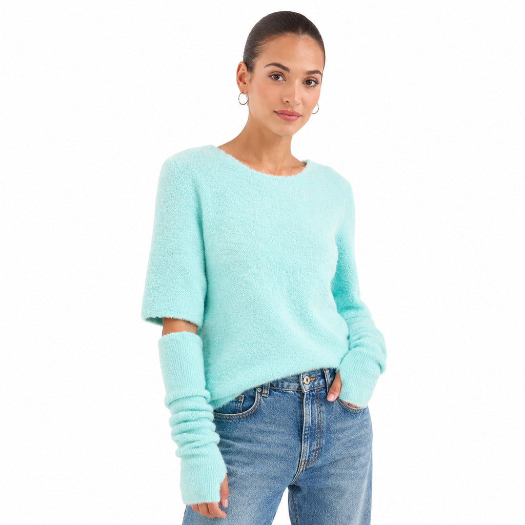 Patrizia Pepe – aqua short-sleeved jumper with soft fuzzy texture – front view worn with jeans
