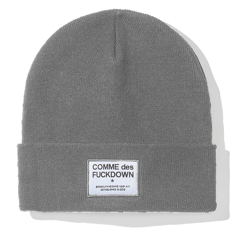Comme Des Fuckdown – Logo Cap – Front packshot in grey with folded cuff and logo patch