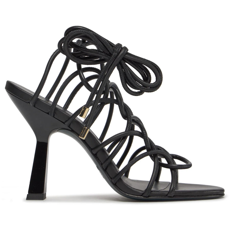 Patrizia Pepe – black braided leather heeled sandals – side profile with wraparound laces