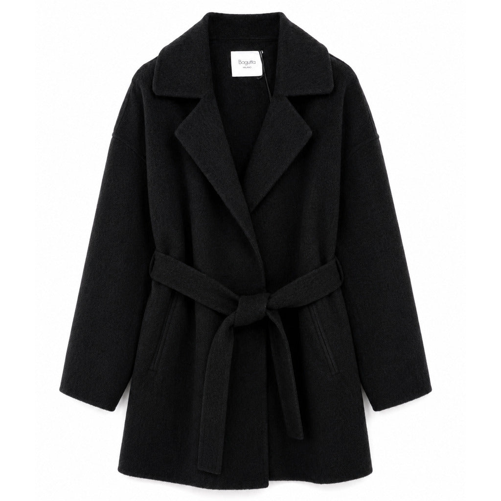Bagutta – black wool coat with belt – front flat lay showing wide lapels and tie belt