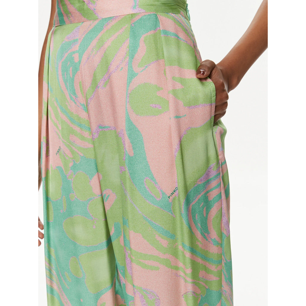 Pinko – multicolour printed wide-leg trousers – close-up of flowing fabric and print