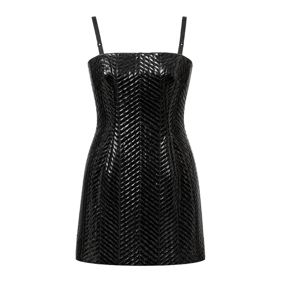 Dolce & Gabbana – black short dress with thin straps – front view, glossy chevron texture
