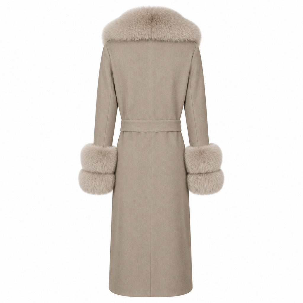 Loro Piana Tessuto – beige fur-trimmed coat with tie belt – back view with plush collar and cuffs